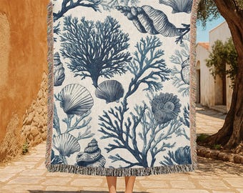 Manta tejida 100 % algodón "Afición al océano", manta de estilo costero, tapiz tejido para biólogos marinos, decoración para casa de playa, regalo para mamá