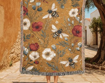 Cottagecore Bee 100% Cotton Woven Blanket, Beekeeper Gift Woven Throw, Gardener Botanical Tapestry Blanket, Nature Lover Throw, Gift Blanket