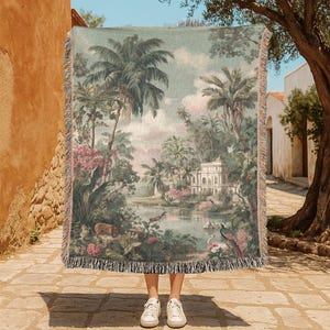 Tropical Landscape 100% Cotton Woven Blanket, Jungle Art Woven Throw, French Country Home Decor Couch Throw, Interior Designer Gift, Vintage Tapestry Blanket