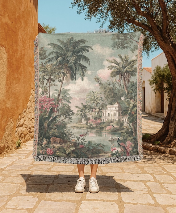 Tropical Landscape 100% Cotton Woven Blanket, Jungle Art Woven Throw, French Country Home Decor Couch Throw, Interior Designer Gift, Vintage