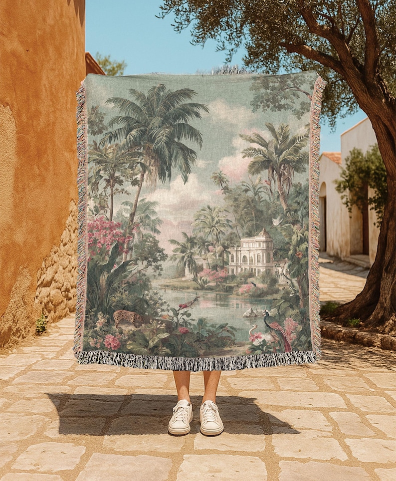 Tropical Landscape 100% Cotton Woven Blanket, Jungle Art Woven Throw, French Country Home Decor Couch Throw, Interior Designer Gift, Vintage Tapestry Blanket