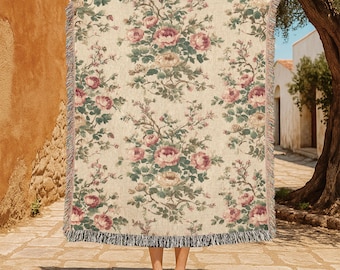 Vintage Floral 100% Cotton Woven Blanket, Cottagecore Decor Woven Throw, Gift For Mom Tapestry Blanket, Grandmacore Botanical Bedding Decor