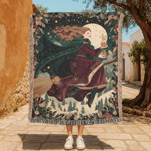 Witch Flying On Broom 100% Cotton Woven Blanket, Magical Witch Blanket, Halloween Witch Decor Blanket, Fantasy Witch Woven Blanket Magic
