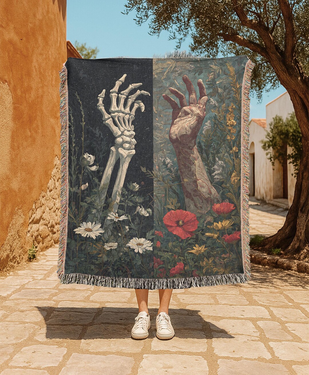 Skeleton Hand and Living Hand 100% Cotton Woven Blanket, Dark Floral ...