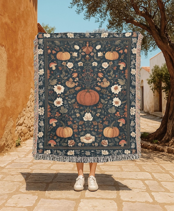 Autumn Harvest 100% Cotton Woven Blanket, Fall Pumpkin Blanket, Floral Botanical Throw Blanket, Cozy Seasonal Decor Blanket, Thanksgiving