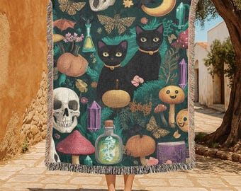 Coperta in 100% cotone intrecciato per amanti dei gatti neri, arazzo di Halloween da strega, coperta regalo Goblincore, coperta in 100% cotone intrecciato per amici Wiccan, pagano