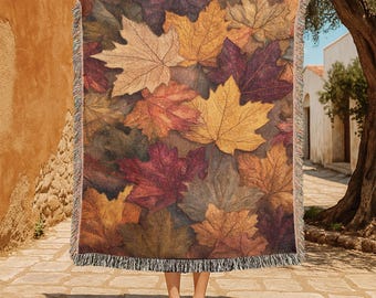 Autumn Leaves 100% Coton Woven Blanket, Fall Season Throw Blanket, Nature Lover Blanket, Cozy Leaf Pattern Woven Blanket, Thanksgiving Decor
