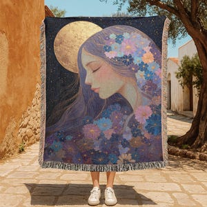 Moon Goddess 100% Cotton Woven Blanket, Spiritual Friend Gift, Celestial Woman Woven Tapestry, Meditation Hobby Throw, Witchy Bohemian Decor