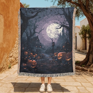 Halloween 100% Cotton Woven Blanket, Halloween Throw Blanket, Halloween Cozy Blanket, Spooky Pumpkin Blanket, Haunted House Blanket Decor