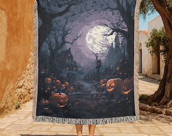 Halloween 100% Cotton Woven Blanket, Halloween Throw Blanket, Halloween Cozy Blanket, Spooky Pumpkin Blanket, Haunted House Blanket Decor