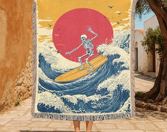 Coperta in 100% cotone con scheletro di surfista, coperta in 100% cotone con onde giapponesi, regalo per hobby del surfista, coperta in arazzo per vacanze al mare, regalo decorativo per amici
