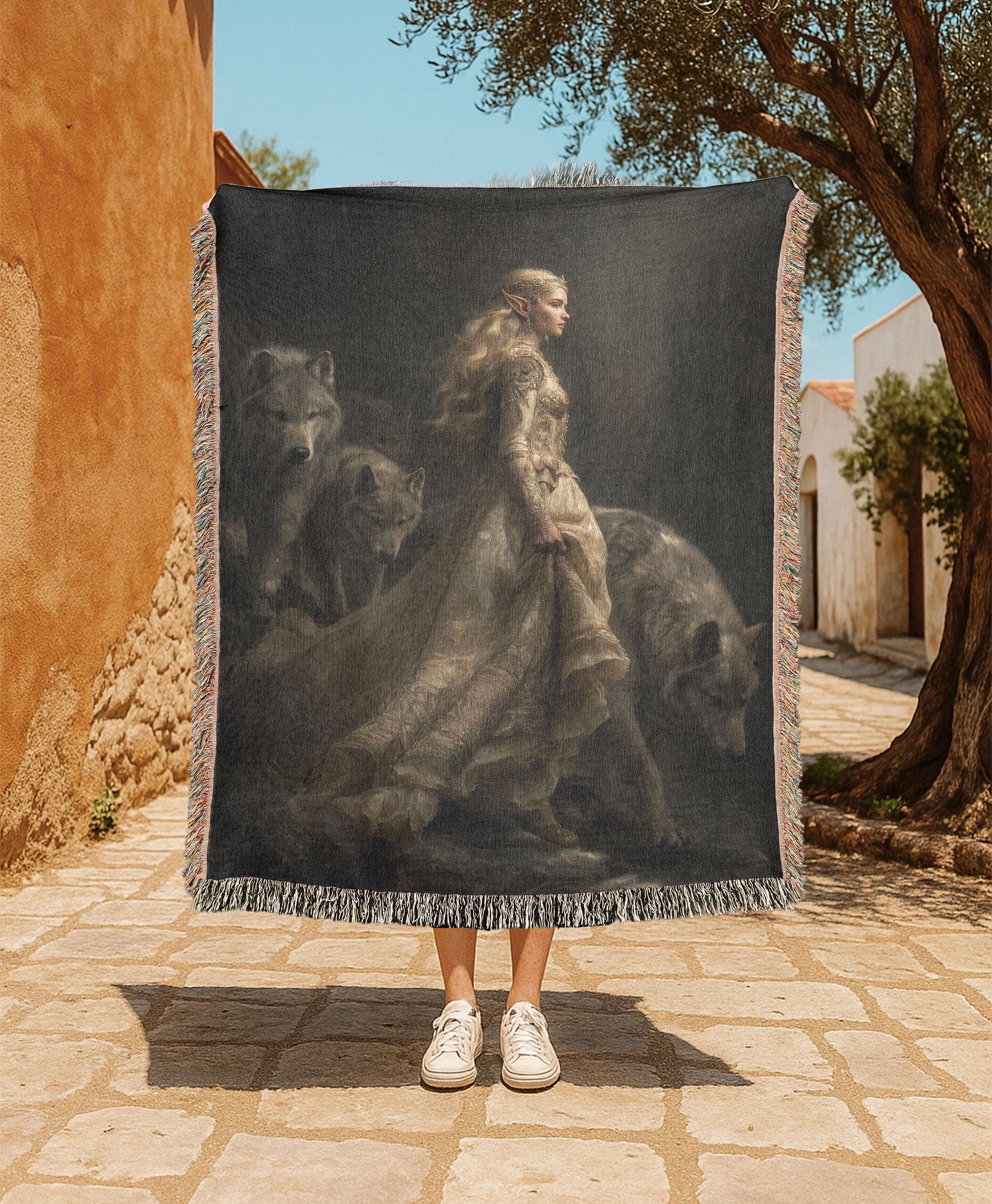 Fantasy Woman With Wolves 100% Cotton Woven Blanket, Mythical