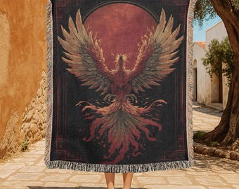 Phoenix Rising 100% Cotton Woven Blanket, Fantasy Reader Gift Woven Throw, Mythical Creature Tapestry Blanket, Dark Academia Decor Cotton.