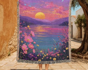 Manta tejida 100% algodón con diseño de lago y atardecer de ensueño, manta con paisaje floral vibrante, manta con escena de naturaleza fantástica, tapiz de atardecer bohemio, sereno