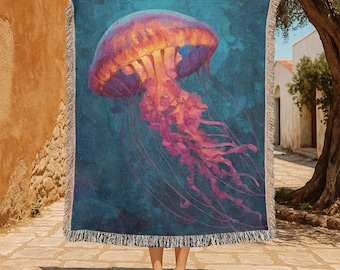 Manta tejida 100 % algodón con medusas submarinas, vida marina oceánica, criaturas marinas, regalo para amantes de la naturaleza.