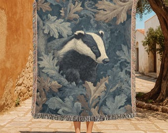 Badger And Leaves 100% Cotton Woven Blanket, Wildlife Enthusiast Throw Blanket, Nature Illustration Cozy Blanket, Animal Hobby Home Decor