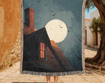 Spooky Night 100% Cotton Woven Blanket, Gothic Home Decor Tapestry, Witchy Full Moon Woven Throw, Halloween Haunted House Blanket, Dark