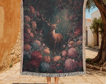 Gift For Nature Lover 100% Cotton Woven Blanket, Dark Academia Decor Throw Blanket, Cottagecore Hobby Woven Tapestry, Forest Animal Lover