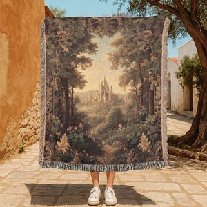 Fairytale Castle 100% Cotton Woven Blanket, Dark Academia Decor Throw Blanket, Vintage Forest Tapestry, Cottagecore Bedding, Fantasy Throw