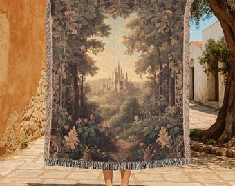Fairytale Castle 100% Cotton Woven Blanket, Dark Academia Decor Throw Blanket, Vintage Forest Tapestry, Cottagecore Bedding, Fantasy Throw
