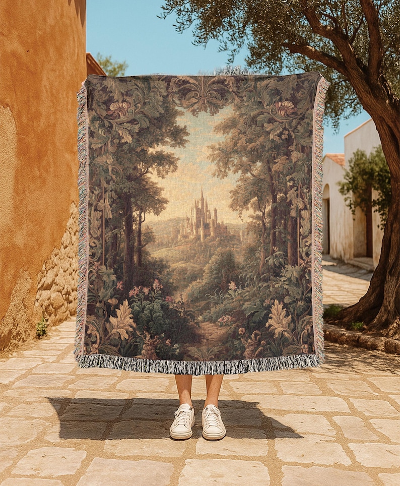 Fairytale Castle 100% Cotton Woven Blanket, Dark Academia Decor Throw Blanket, Vintage Forest Tapestry, Cottagecore Bedding, Fantasy Reader Gift Woven Throw