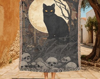 Spooky Black Cat Halloween 100% Cotton Woven Blanket, Witchcraft Witchy Cat Blanket, Occult Skull Gothic Home Decor Woven Throw Blanket Gift