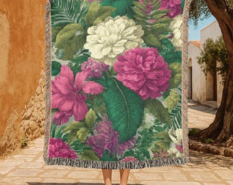 Vintage Floral 100% Cotton Woven Blanket, Botanical Garden Throw Blanket, Mothers Day Gift For Mom Couch Blanket, Plant Lover Woven Throw