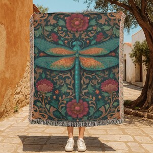 Dragonfly 100% Cotton Woven Blanket, Floral Woven Blanket, Nature-Inspired Woven Blanket, Garden Lover Woven Blanket, Relaxation Blanket