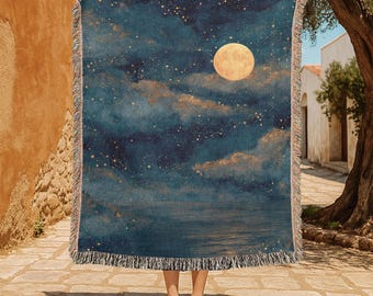 Full Moon Night Sky 100% Cotton Woven Blanket, Starry Sky Woven Throw, Celestial Moonlight Woven Blanket, Astronomy Lover Woven Blanket.