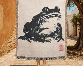 Matsumoto Hoji Frog 100% Cotton Woven Blanket, Japanese Art Lover