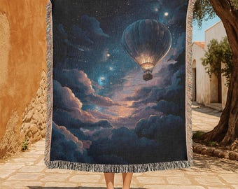 Dreamy Night Sky 100% Cotton Woven Blanket, Starry Hot Air Balloon Woven Blanket, Magical Adventure Woven Blanket, Travel Enthusiast Blanket