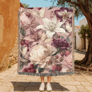 Floral Botanical 100% Cotton Woven Blanket, Flower Lover Woven Blanket, Nature Inspired Woven Blanket, Garden Hobby Woven Blanket Decor