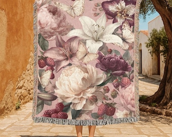Floral Botanical 100% Cotton Woven Blanket, Flower Lover Woven Blanket, Nature Inspired Woven Blanket, Garden Hobby Woven Blanket Decor