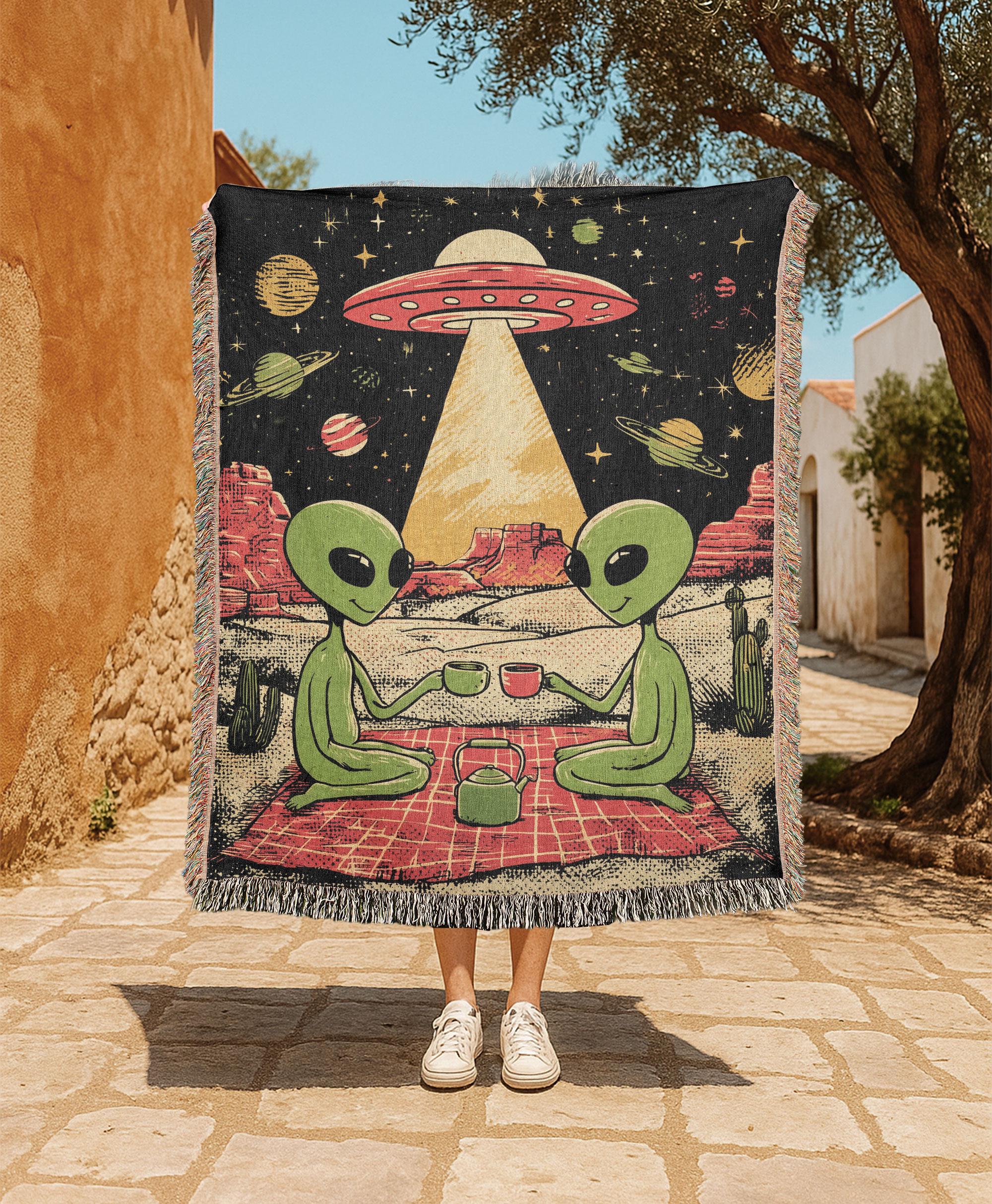 Alien Picnic 100% Cotton Woven Blanket, Space Alien Woven Blanket