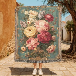 Vintage Floral Bouquet 100% Cotton Woven Blanket, Garden Flowers Throw Blanket, Elegant Blooms Woven Blanket, Classic Rose Art Bedding Blanket