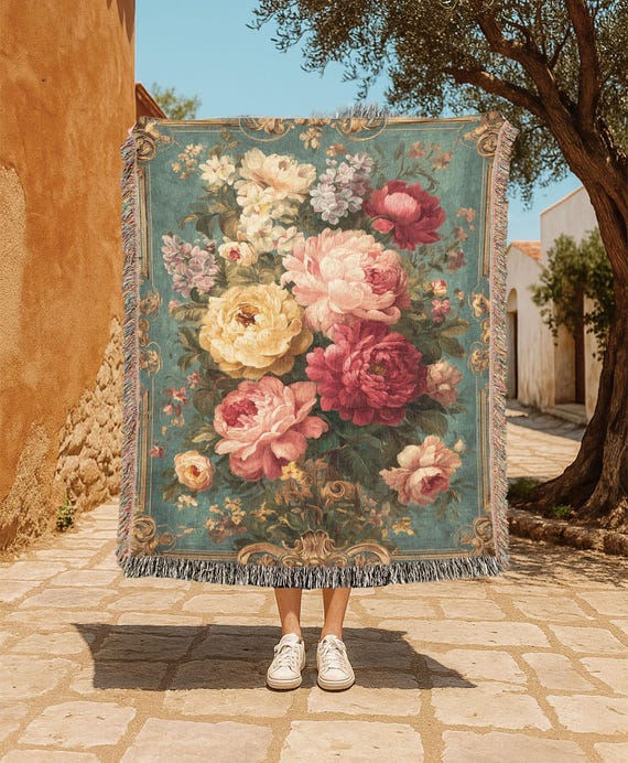 Vintage Floral Bouquet 100% Cotton Woven Blanket, Garden Flowers Throw Blanket, Elegant Blooms Woven Blanket, Classic Rose Art Bedding