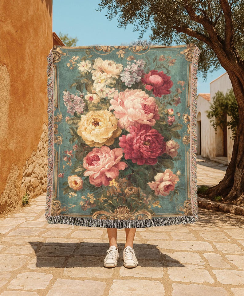 Vintage Floral Bouquet 100% Cotton Woven Blanket, Garden Flowers Throw Blanket, Elegant Blooms Woven Blanket, Classic Rose Art Bedding Blanket