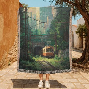 Anime Lover 100% Cotton Woven Blanket, Train Enthusiast Woven Throw, Japanese Art Tapestry Blanket, Birthday Gift For Friend, Japan Scenery