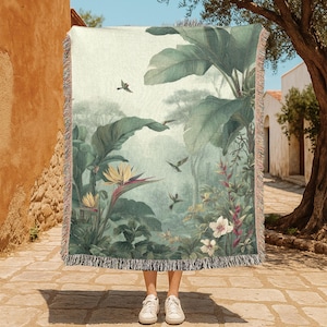 Tropical Botanical 100% Cotton Woven Blanket, Nature Lover Blanket, Birdwatching Blanket, Jungle Plant Woven Blanket, Relaxation Blanket