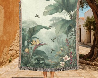 Tropical Botanical 100% Cotton Woven Blanket, Nature Lover Blanket, Birdwatching Blanket, Jungle Plant Woven Blanket, Relaxation Blanket