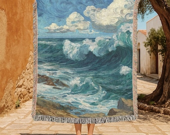 Vintage zeegezicht 100% katoenen geweven deken, cadeau kunstliefhebber geweven tapijt, kusthuisdecor geweven plaid, housewarmingcadeau voor strandliefhebber
