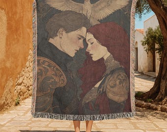 Romantic Couple 100% Cotton Woven Blanket For Soulmates, Anniversary Gift For Her Him, Medieval Fantasy Love Tapestry, Engagement Present.