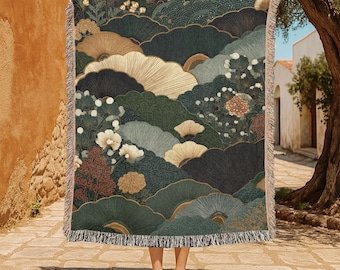 Japanese Landscape 100% Cotton Woven Blanket, Nature Scenery Woven Blanket, Floral Art Woven Throw Blanket, Asian Inspired Woven Blanket