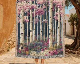 Manta tejida 100% algodón con diseño de bosque de abedules en flor, manta decorativa con estampado floral de bosque, decoración inspirada en la naturaleza, elegante manta botánica para el hogar, regalo decorativo.