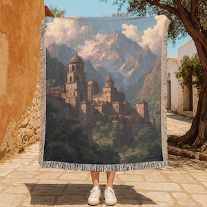 Orthodox Monastery 100% Cotton Woven Blanket, Christian Art Tapestry Throw For Art Lover, Byzantine Fortress Woven Throw, Sacred Place Gift Woven Blanket