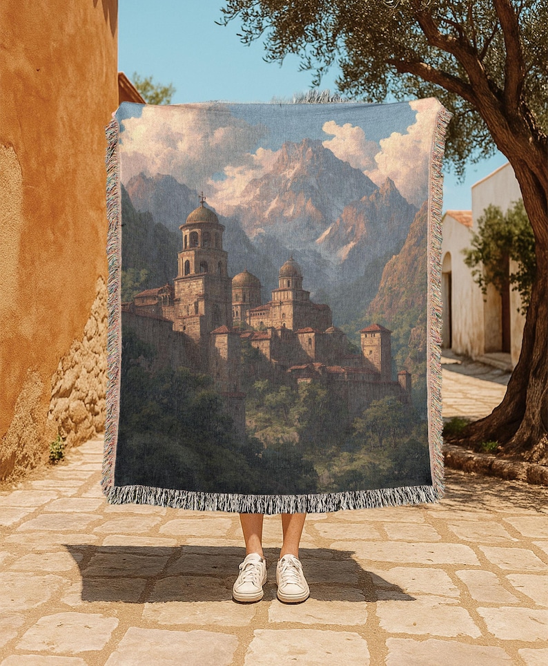 Orthodox Monastery 100% Cotton Woven Blanket, Christian Art Tapestry Throw For Art Lover, Byzantine Fortress Woven Throw, Sacred Place Gift Woven Blanket