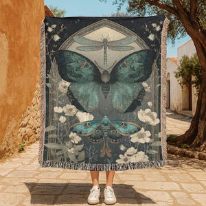 Witchy Butterfly Moth 100% Cotton Woven Blanket, Dark Cottagecore Throw Blanket, Goblincore Dragonfly Tapestry, Nature Lover Friend Gift
