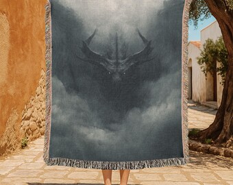 Dark Fantasy Dragon 100% Cotton Woven Blanket, Mythical Creature Woven Blanket, Gothic Monster Woven Blanket, Mystical Beast Woven Blanket