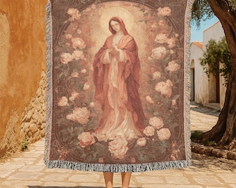 Religious 100% Cotton Woven Blanket, Spiritual Woven Blanket, Catholic Woven Blanket, Virgin Mary Woven Blanket, Prayer Woven Blanket Decor