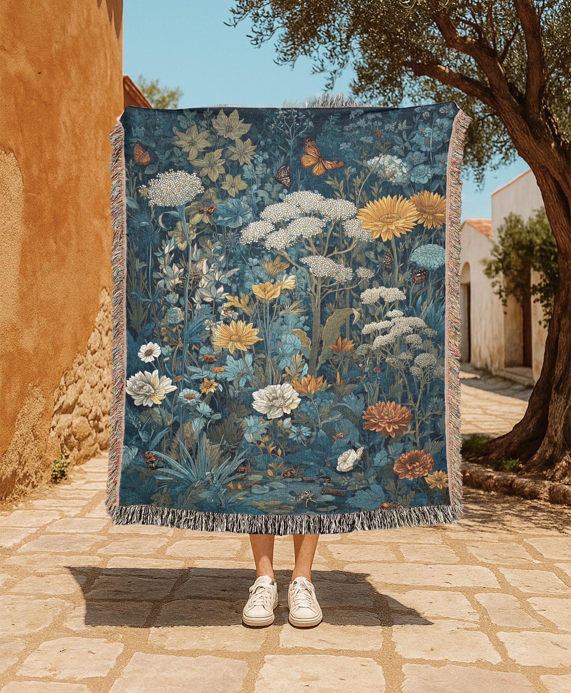 カシミア 花柄刺繍ブランケット 140x190cm 花柄植物園の 100% コットン織りブランケット、自然愛好家の織り